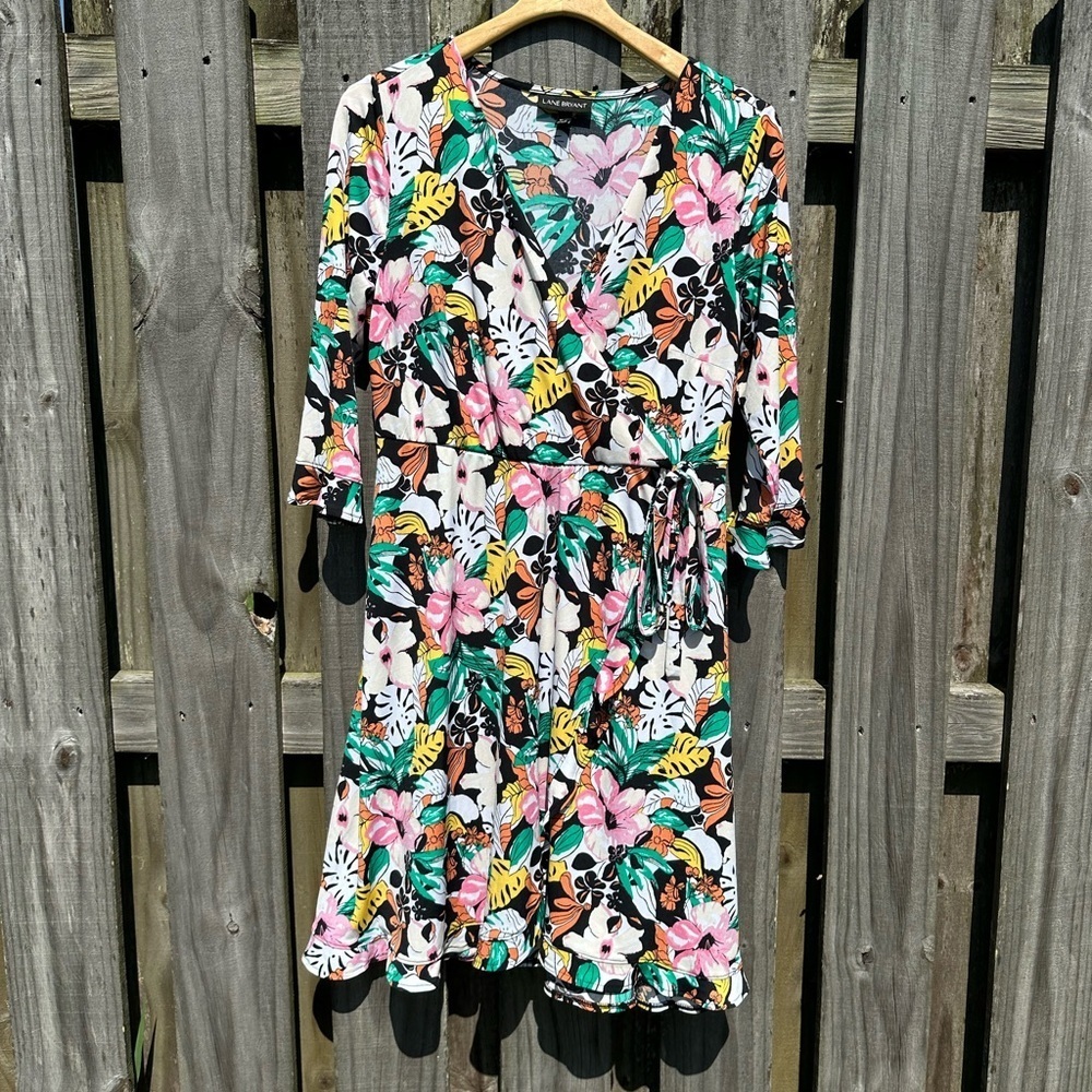 Lane Bryant Dress Women’s 10/12 Floral Tropical Faux Wrap Tie Waist